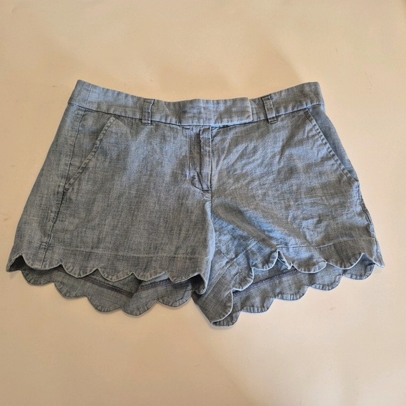 J.CREW Pants - J.Crew Chambray Scallop Hem Shorts Women's 4 Blue Linen Blend Pockets Summer